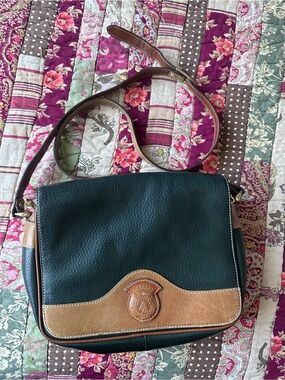 Vintage Courser Dark Green and Tan Leather Trim Crossbody Bag
